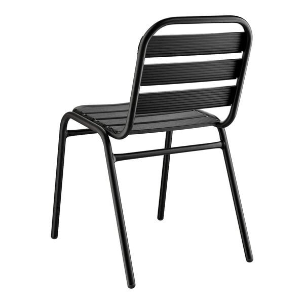 A black Lancaster Table & Seating outdoor side chair with a backrest.