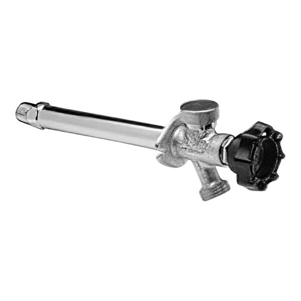 A Zurn Elkay polished chrome and black brass wall faucet with a silver pipe and valve.