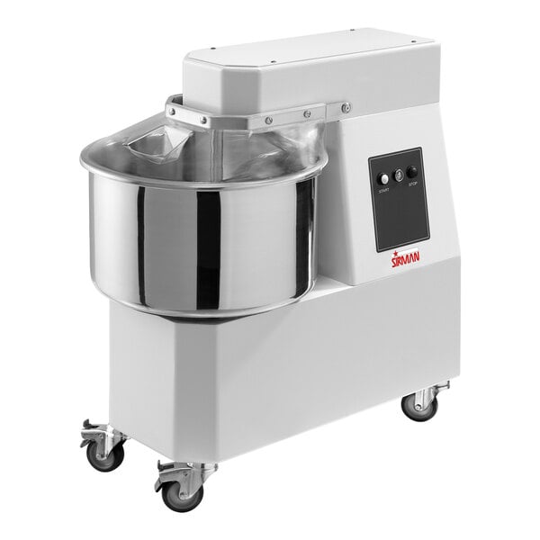 A white Sirman Hercules spiral dough mixer with a large round stainless steel bowl.