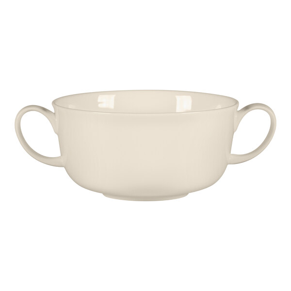 A white RAK Porcelain bone china bowl with two handles.