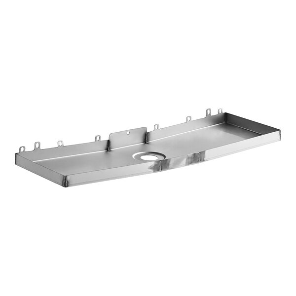 A metal tray with holes, the Avantco evaporator drain pan.