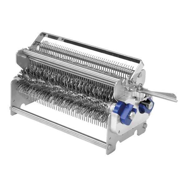 A metal Sirman 96-blade tenderizer cradle with blue handles.