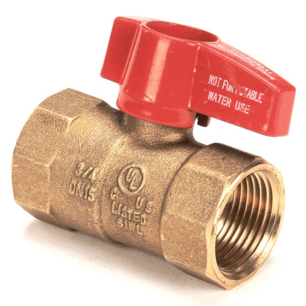 A Vollrath 3/4 brass ball valve with red handle.