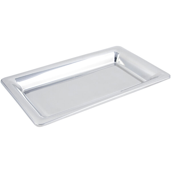 A Bon Chef stainless steel rectangular display pan on a counter.