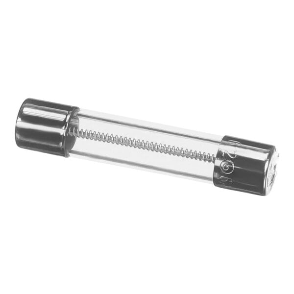 A glass tube with a metal cap inside a plastic container.