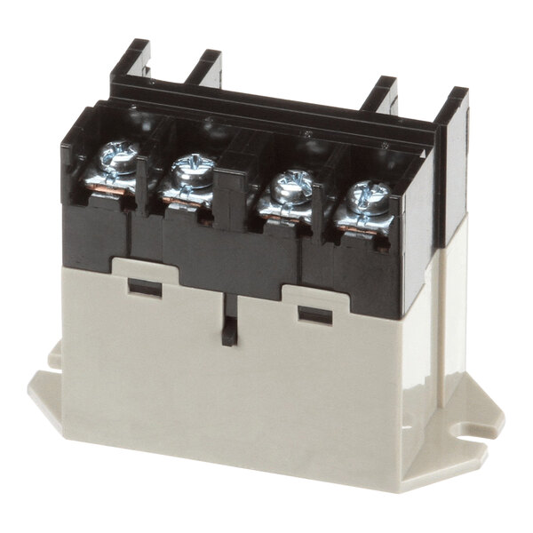 A black and silver Vollrath Power Relay with two metal terminals.