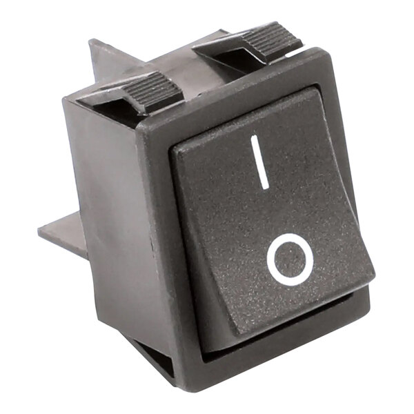 A black Merrychef on/off switch with a white letter on the center of the toggle.