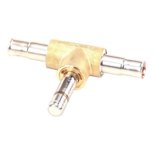 A gold and silver Ice-O-Matic body solenoid valve with two brass fittings.