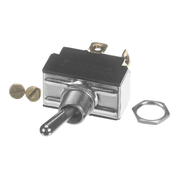 A close-up of a Nemco toggle switch with screws and nuts.