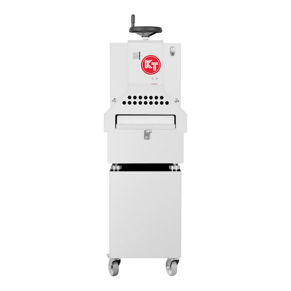 A white FLATTENER MEAT AUTO machine with red accents and a red button.