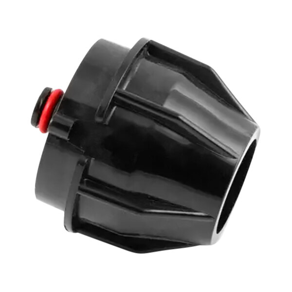 A black plastic Follett Corporation nozzle and diffuser with a red seal.