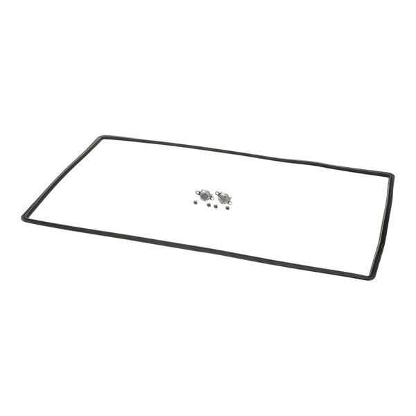A white rectangular plastic frame with black edges and screws.