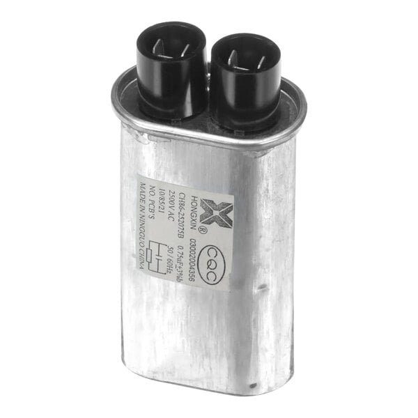 A Merrychef 0.75uF capacitor with black plastic caps on the ends.