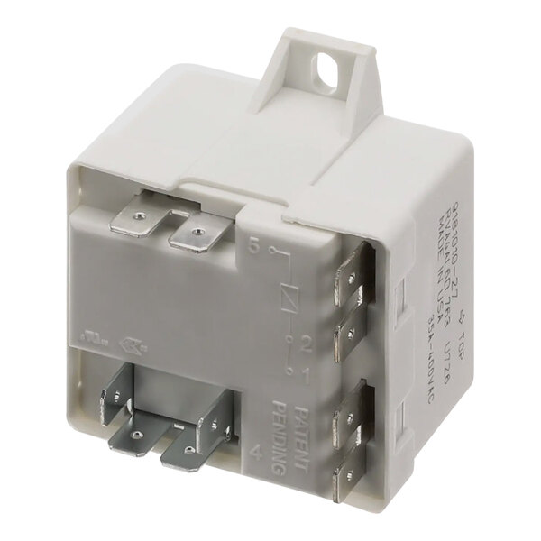 An Ice-O-Matic relay potential with a white cover and two terminals.