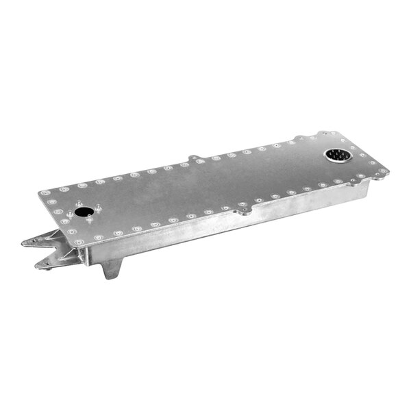 A metal rectangular Merrychef waveguide with holes in it.