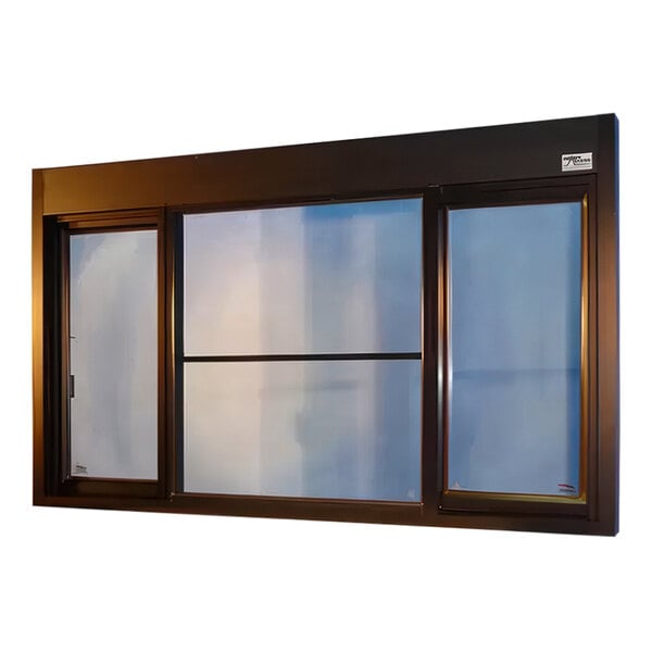 A silver walk-up service window with two glass panes and a metal frame.