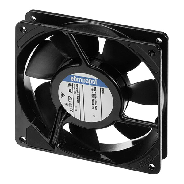 A black Nemco fan with a blue fan blade.