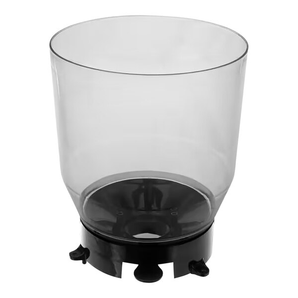 A clear glass container with a black base.
