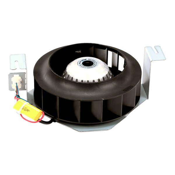 A black plastic Merrychef cooling fan assembly with a white round object and wires.