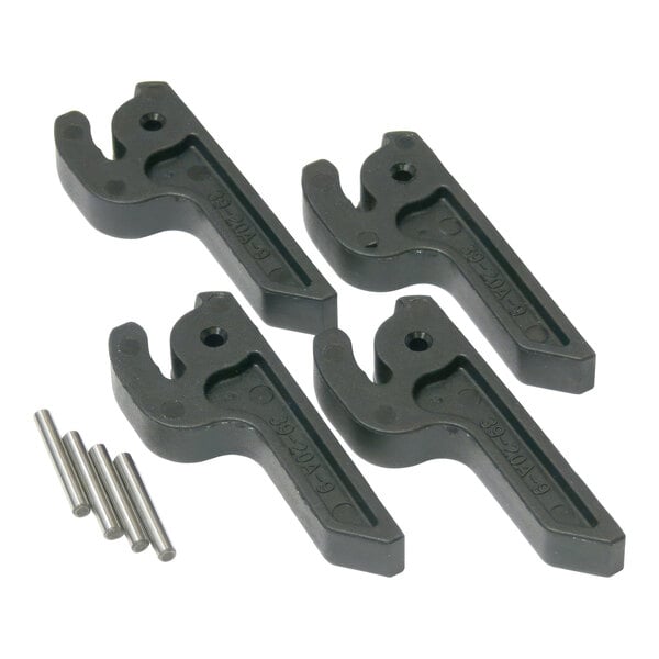 A group of black plastic clamps with screws and nuts.