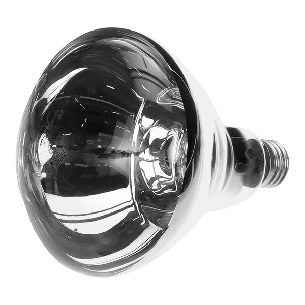 A Cretors IR heat lamp bulb with a reflection.