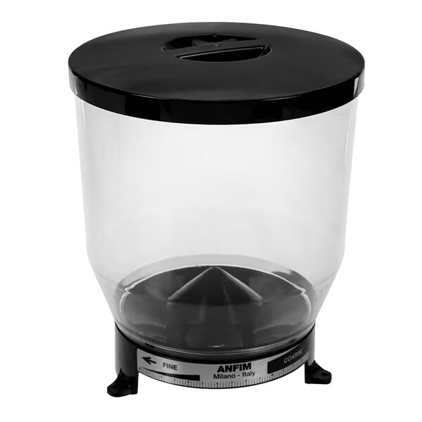 A clear plastic container with a black lid for an Anfim coffee machine.