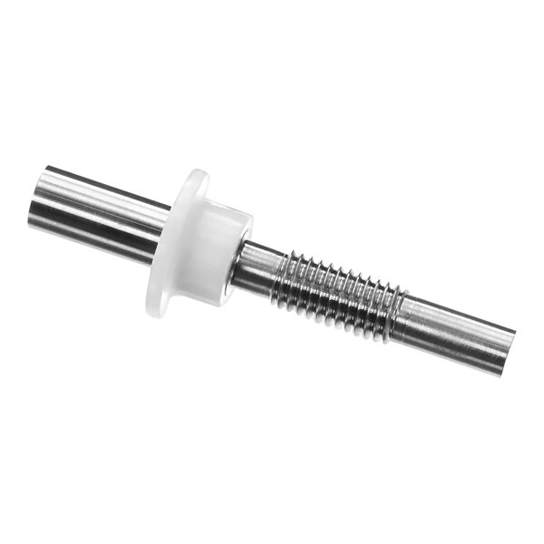 A close-up of a metal screw with a white rubber seal on the end.