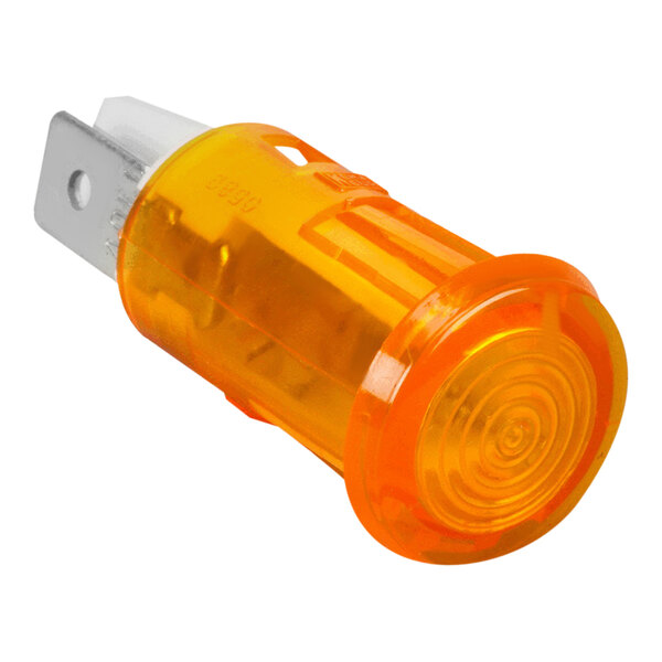 A close-up of a yellow Vollrath pilot light bulb with a white background.