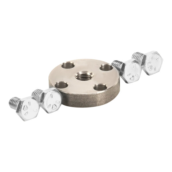 A metal object with a stainless steel threaded nut and bolt.