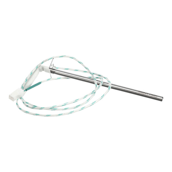 A metal rod with blue and white wires.