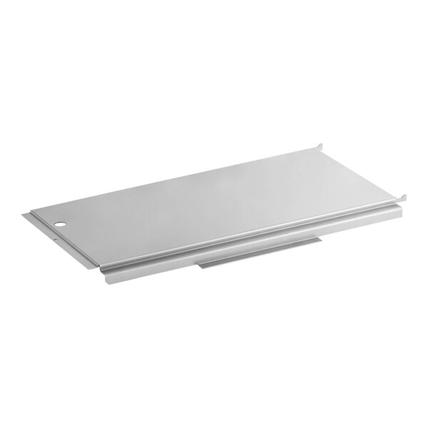 A rectangular metal panel with a hole in one corner and raised edges on two sides.