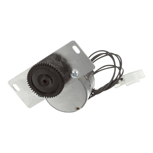 A Merrychef stirrer motor assembly with black plastic gears on a metal plate.