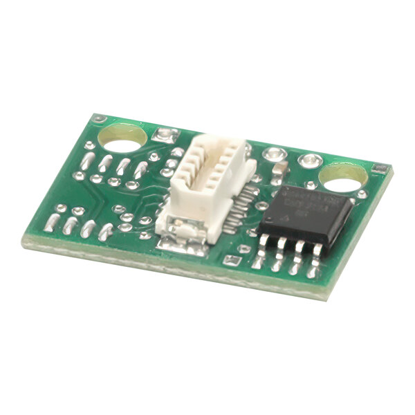 A Merrychef Personality Mod circuit board with a microchip, white, black, and green components.