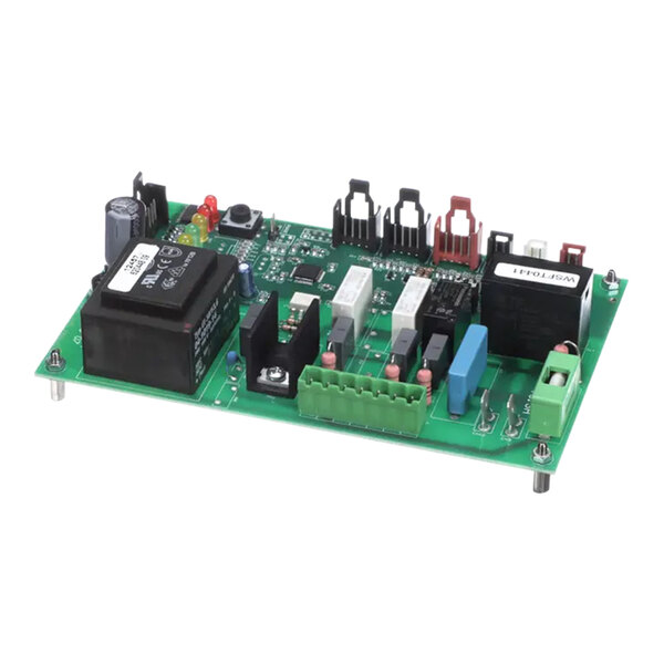 A black rectangular Ice-O-Matic pc board with green circuitry and various components.