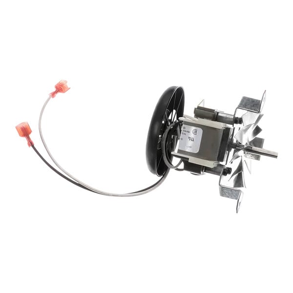 A Food Warming Equipment blower assembly with a small electric motor and black wheel, with wires attached.