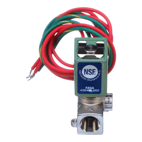 A VLVSLND2-WAYPHTT120V 2-way water solenoid valve with wires attached.