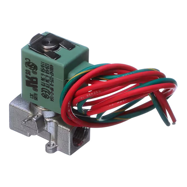 A close-up of a green 2 way water solenoid valve with red and green electrical wires.