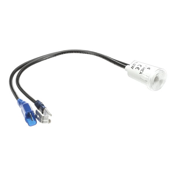 A white and black cable with a blue connector.