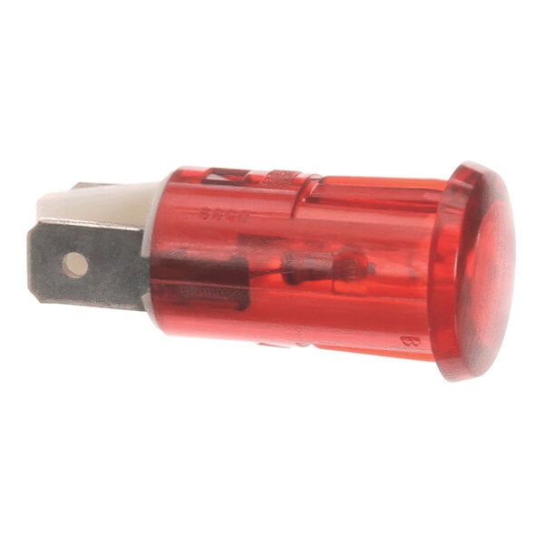 A close-up of a red Vollrath pilot light with a white base.