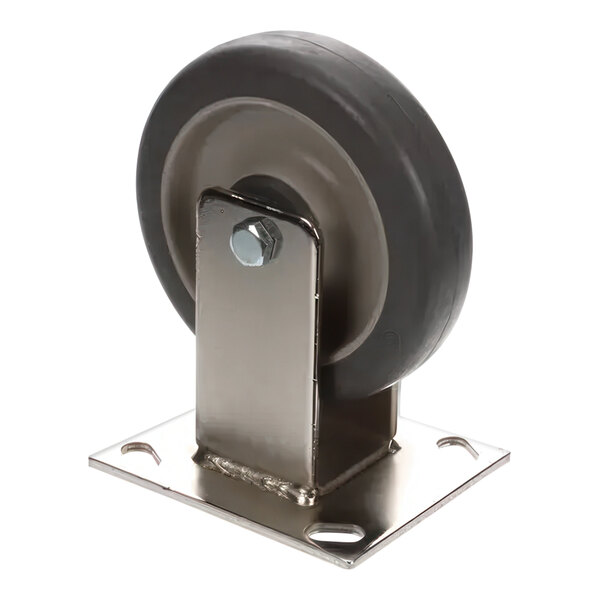 A black heavy duty castor wheel with a metal plate.
