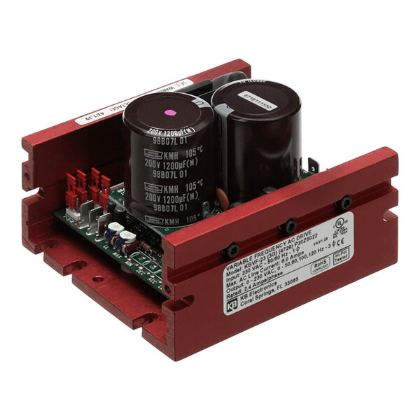 A red Merrychef speed controller box with two black capacitors inside.