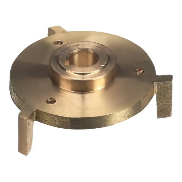 A gold metal Anfim rotating disc flange with a hole in the middle.