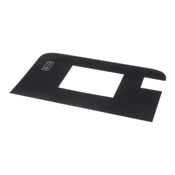 A rectangular black plastic cover with a white square on a counter.