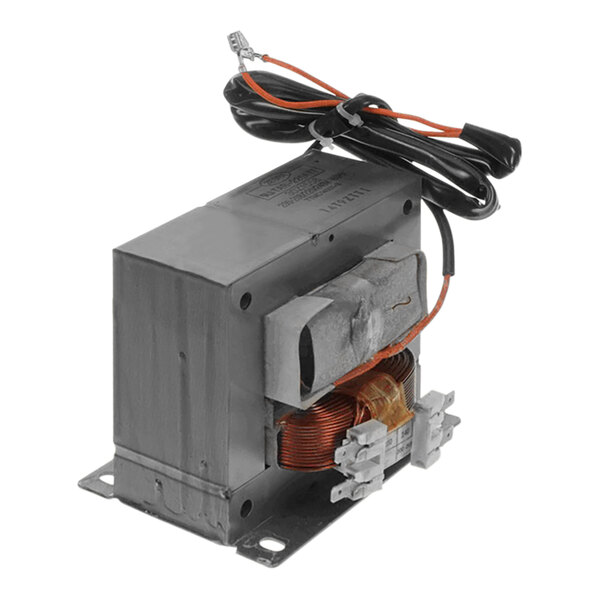 A close-up of a grey Merrychef transformer with wires.