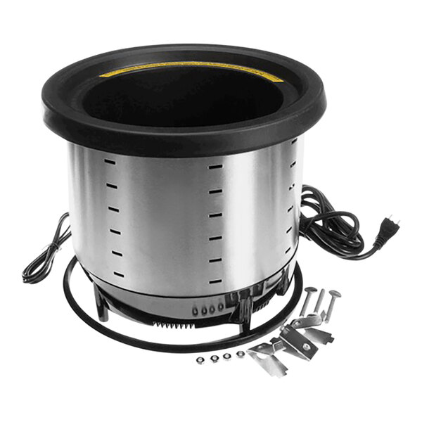 A silver and black Vollrath 7 quart drop-in warmer repair pot with wires and screws.