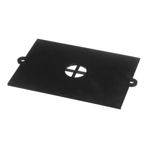 A black rectangular plastic base plate with a hole in the middle.