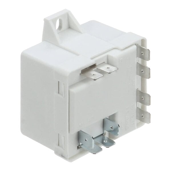 A white Ice-O-Matic relay switch with metal parts and two wires.
