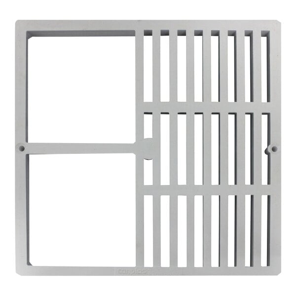 A white square PVC floor grate with bars on it.