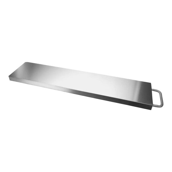 A stainless steel rectangular grease drawer assembly with a silver edge and a handle.