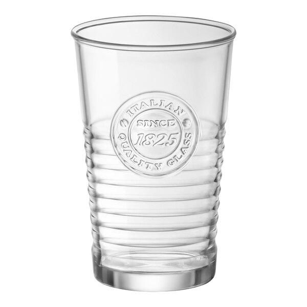 A close-up of a clear Bormioli Rocco Highball glass with a logo.